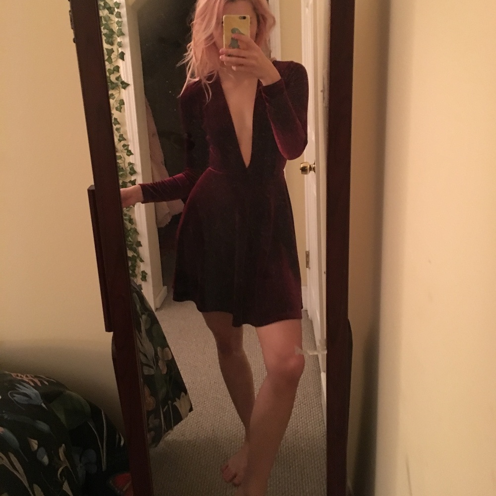 Velvet Long Sleeve Deep Plunge Dress